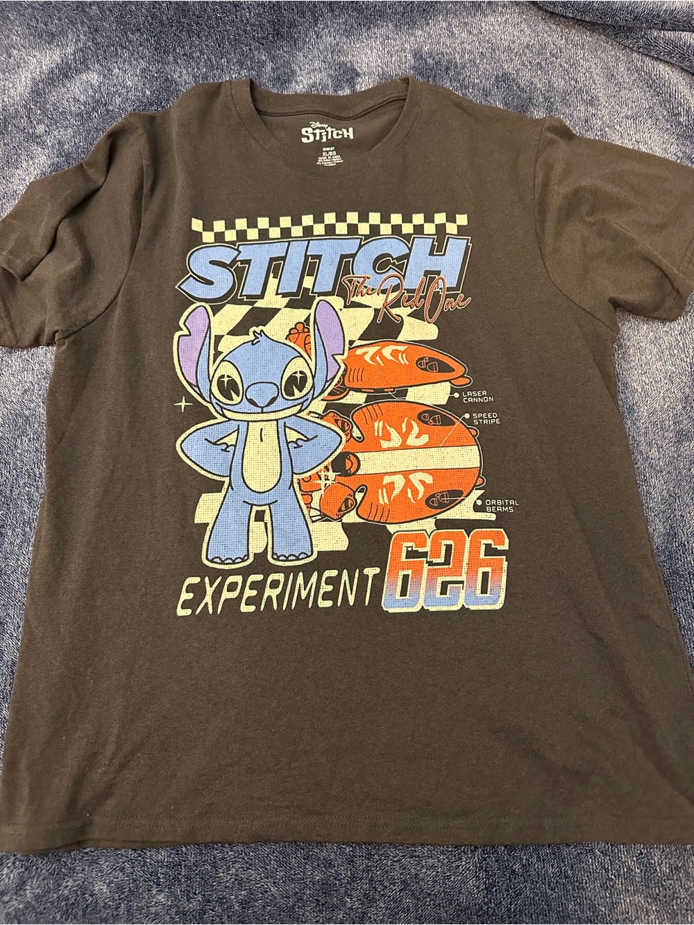 Disney Black Tee with White Stitch Logo and Checker Accents